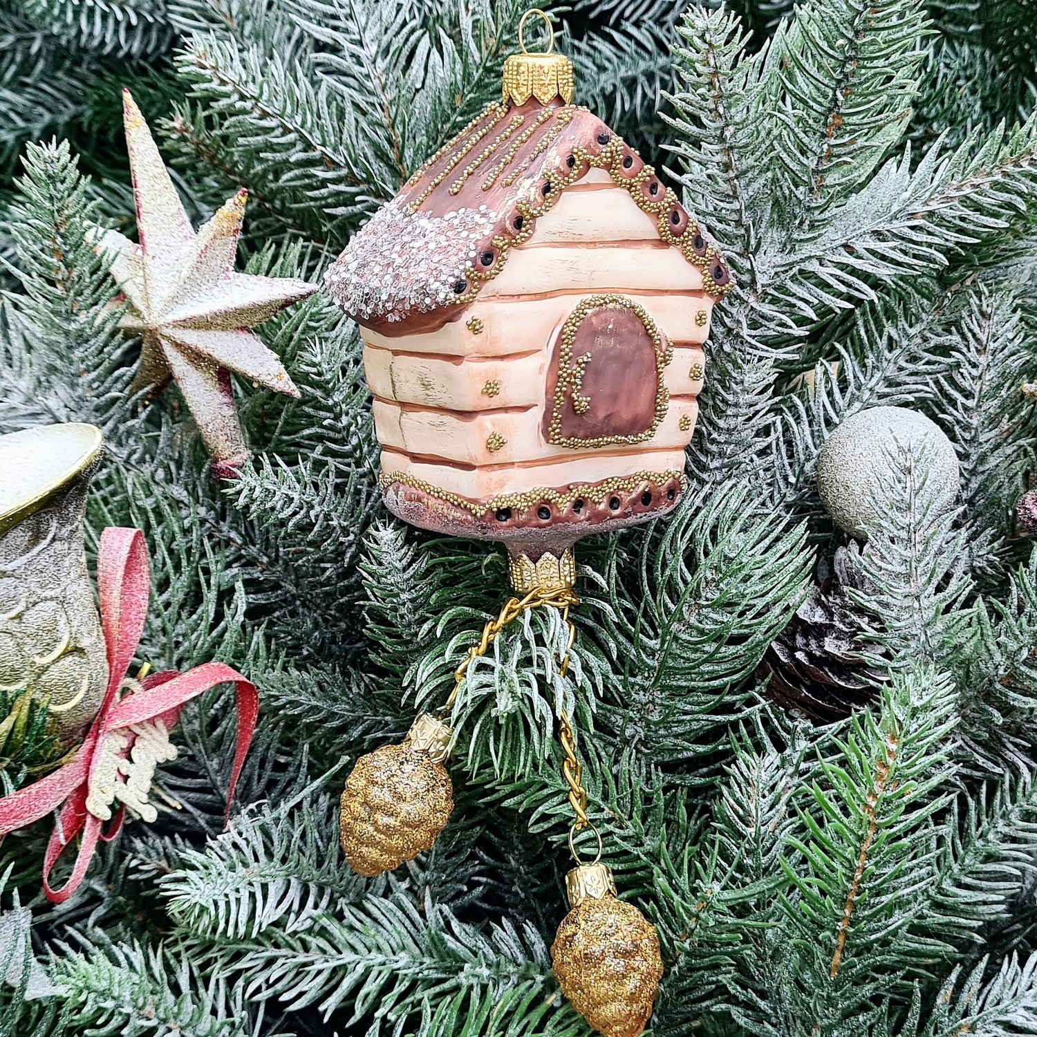 фото Стеклянная елочная игрушка Часы с кукушкой винтаж