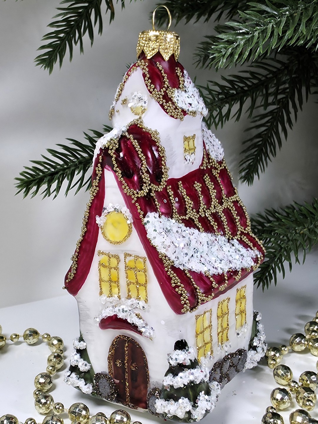 фото Стеклянная елочная игрушка Домик с острой крышей