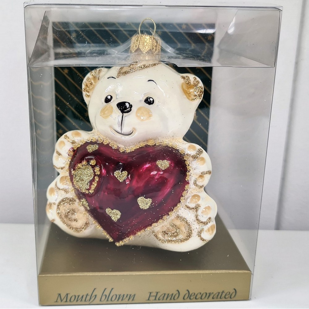 фото Стеклянная елочная игрушка Мишка с сердцем