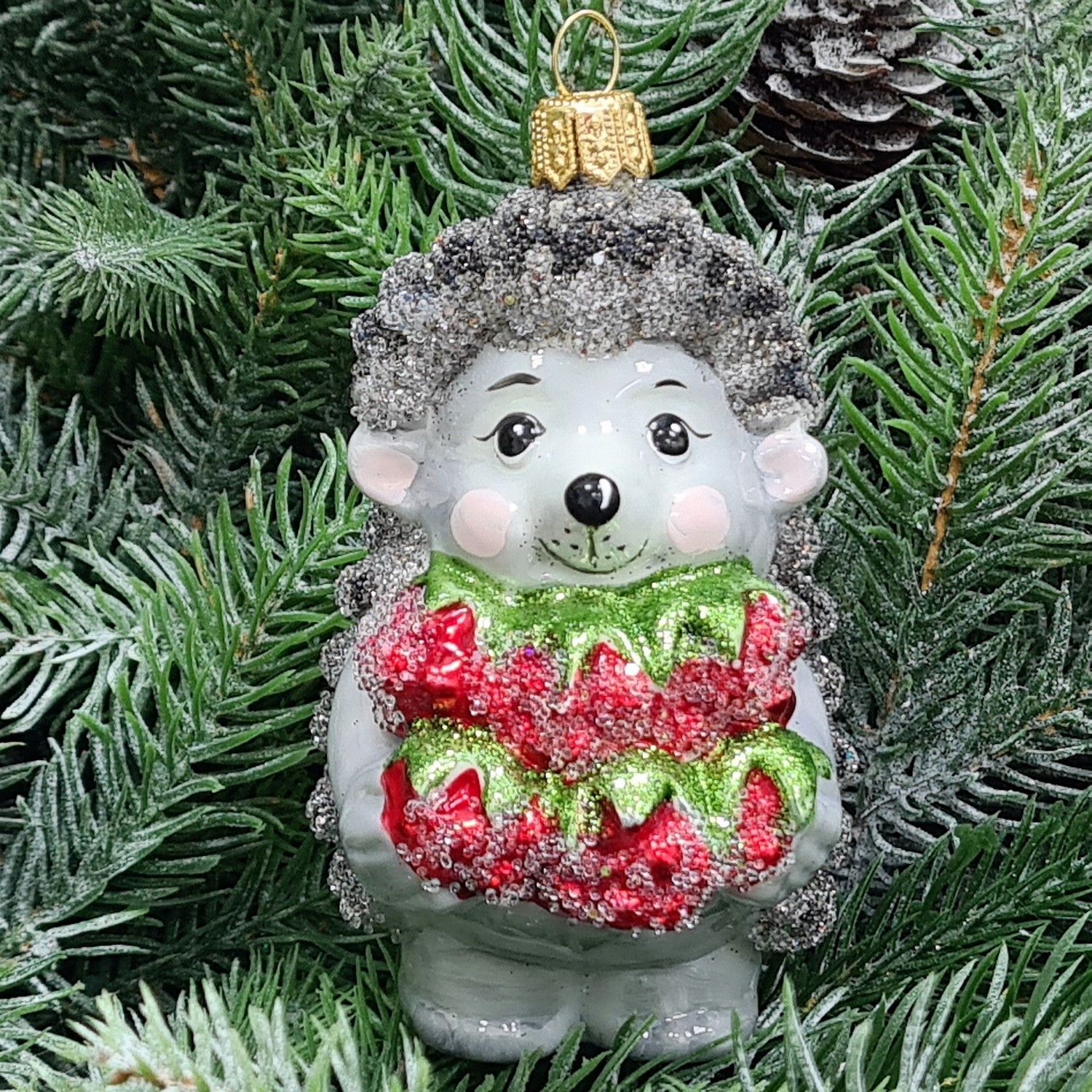 фото Стеклянная елочная игрушка Ежик с малиной