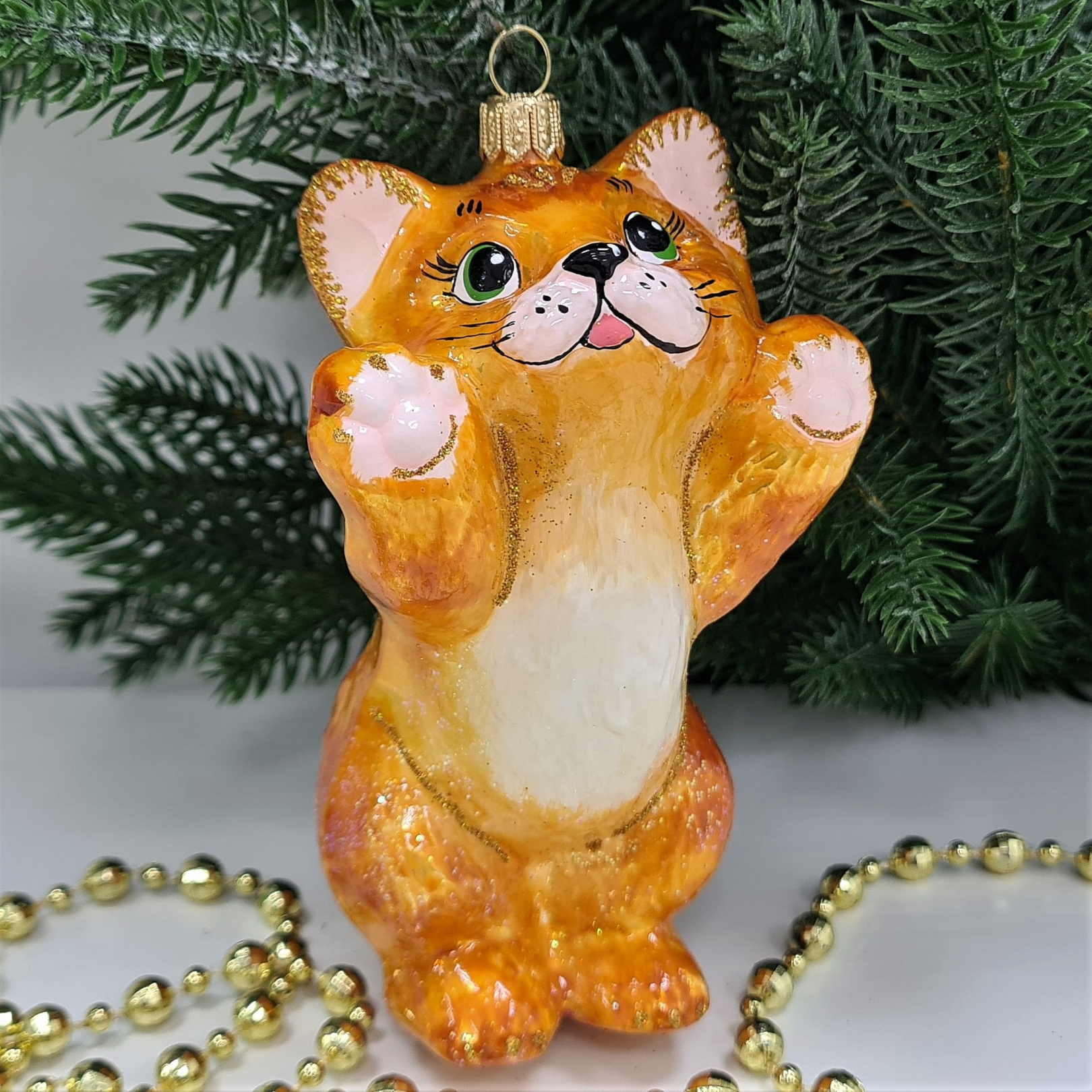 фото Стеклянная елочная игрушка Рыжий котик