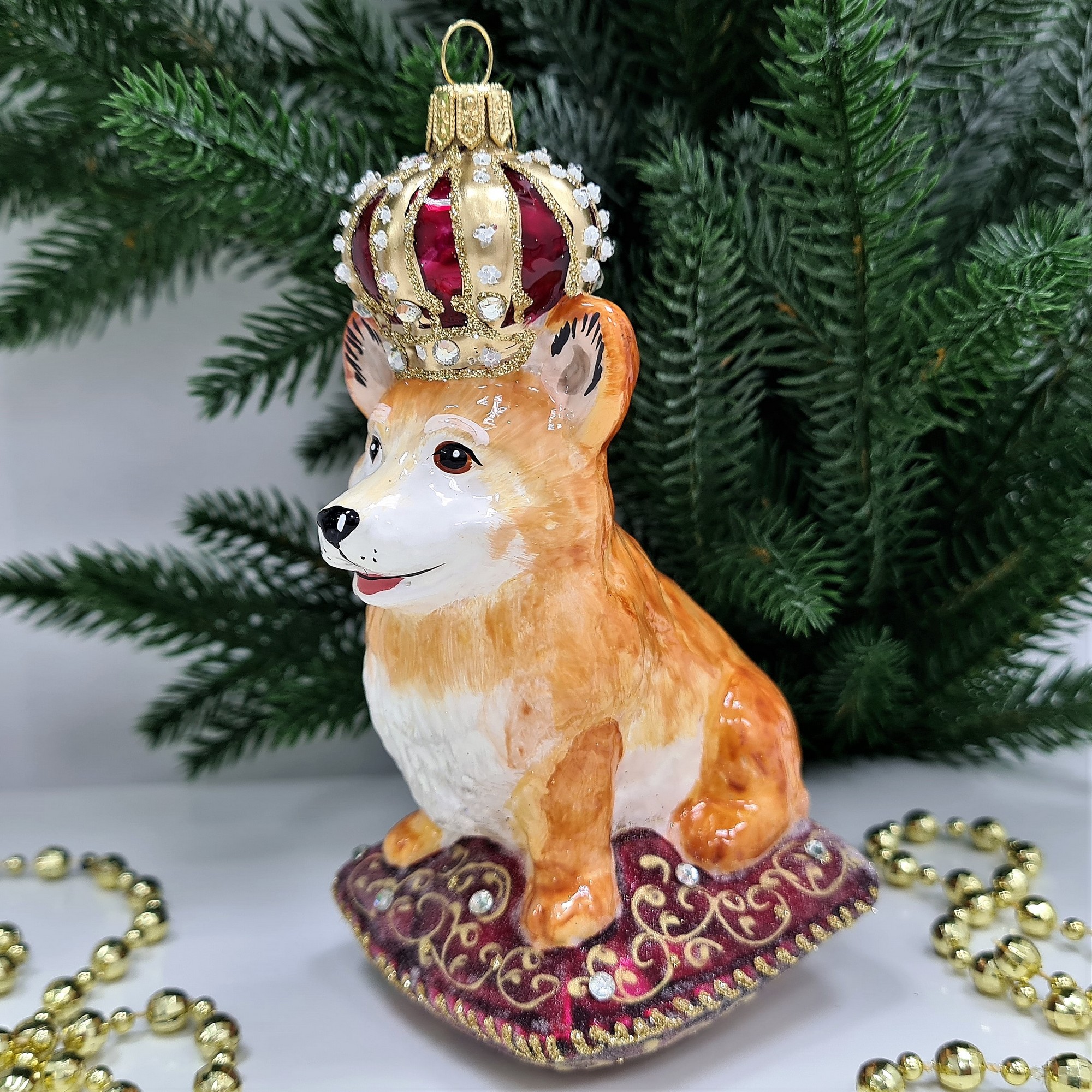 фото Стеклянная елочная игрушка Корги в короне