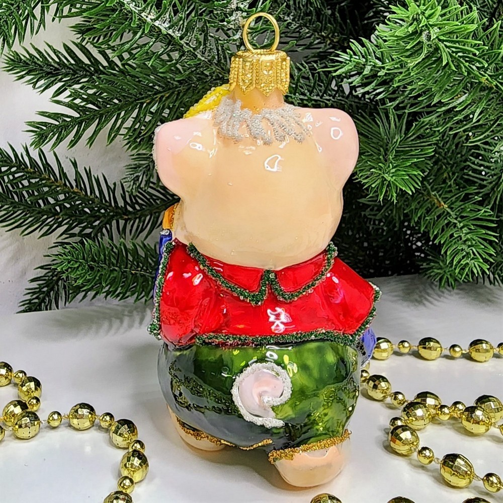 фото Стеклянная елочная игрушка Поросенок в шляпке