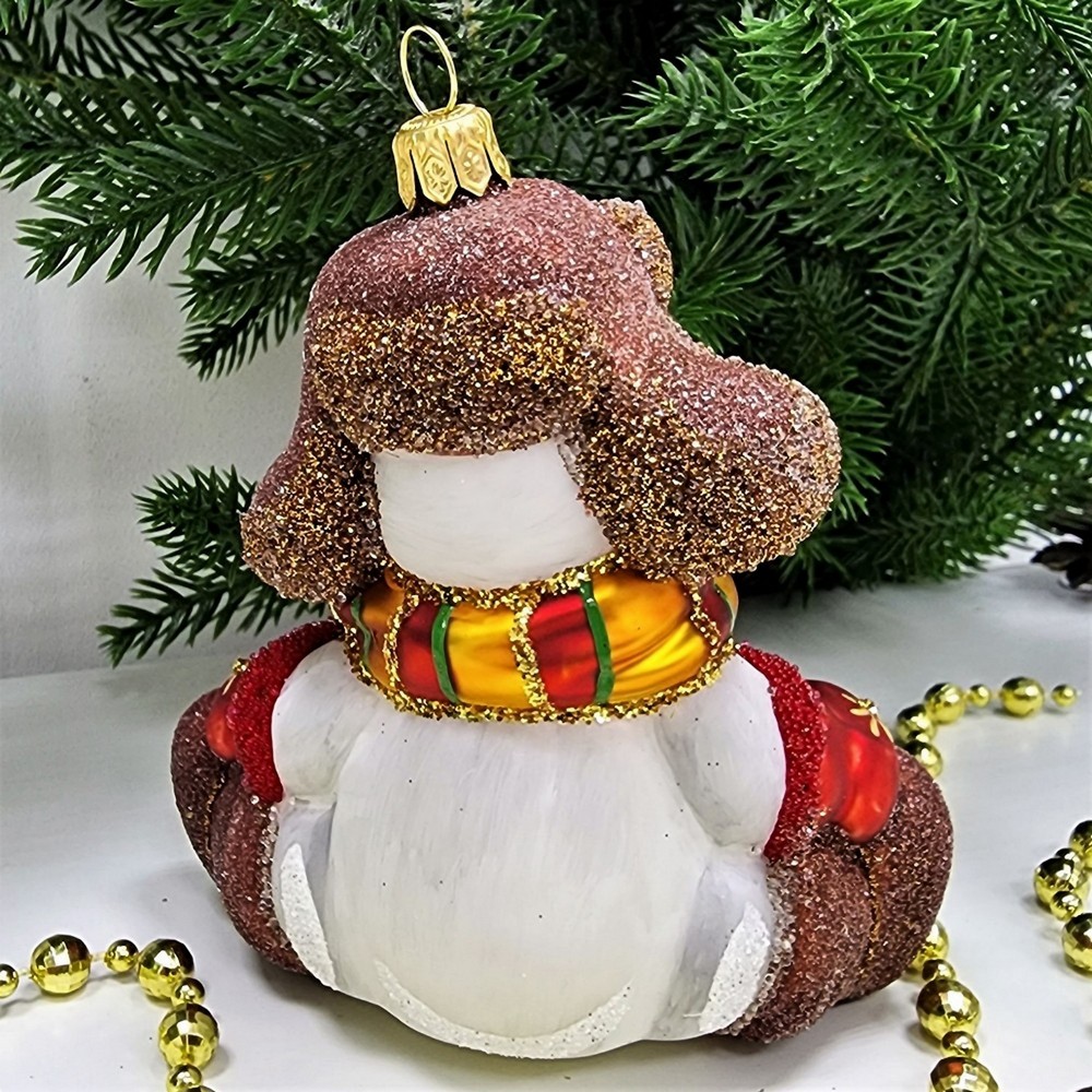 фото Стеклянная елочная игрушка Снеговик в валенках