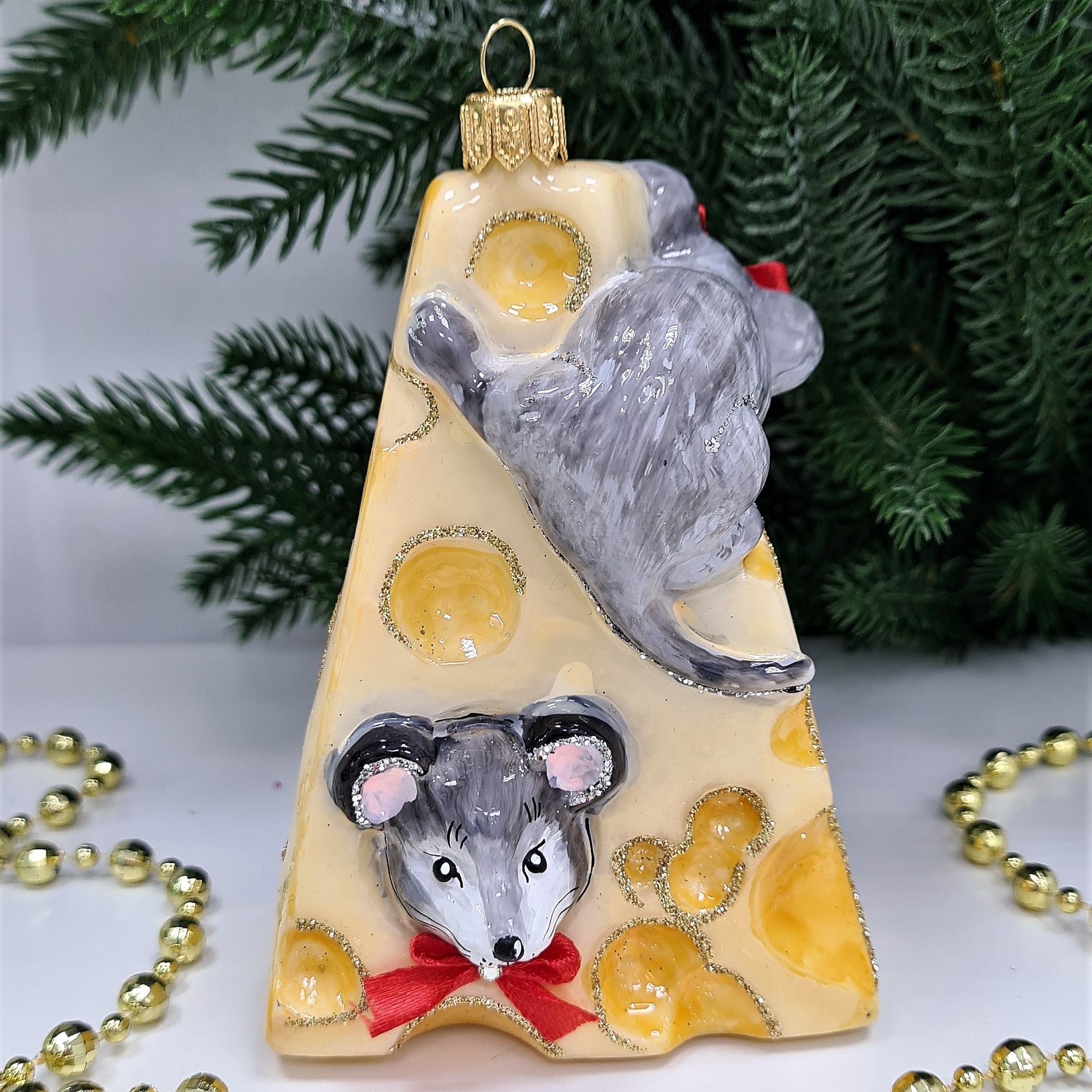 фото Стеклянная елочная игрушка Мышки в сыре