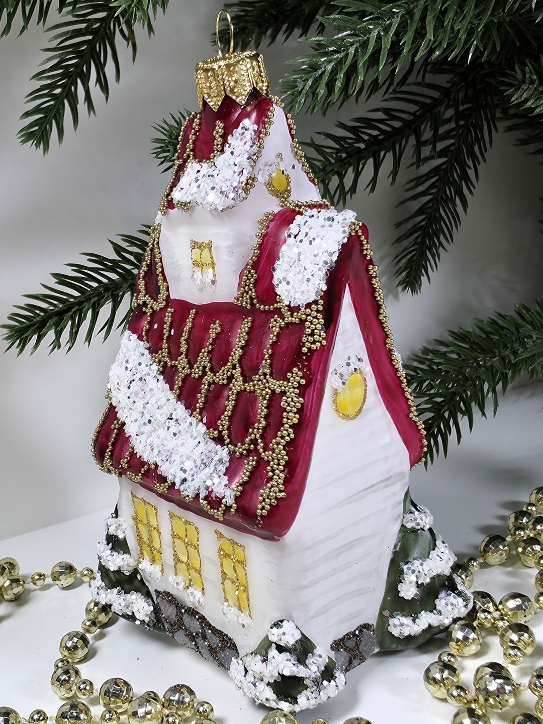 фото Стеклянная елочная игрушка Домик с острой крышей