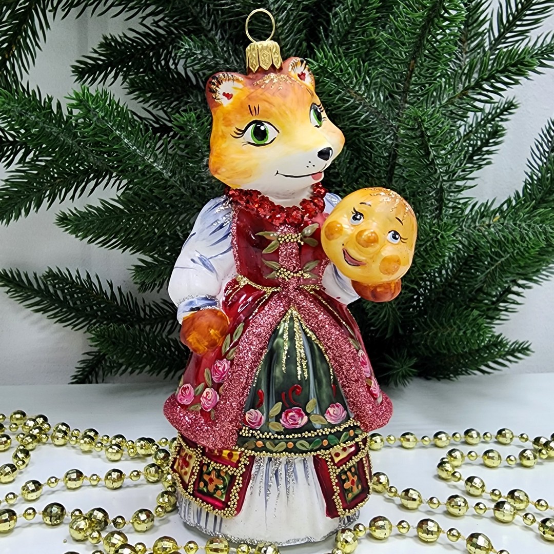 фото Стеклянная елочная игрушка Лиса с колобком