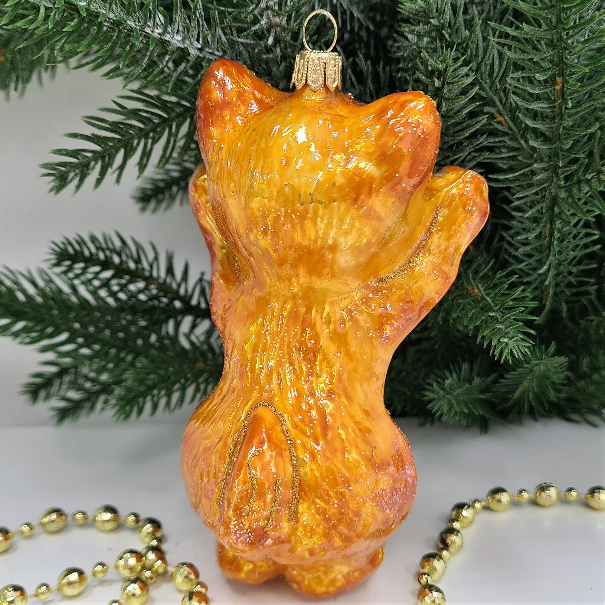 фото Стеклянная елочная игрушка Рыжий котик