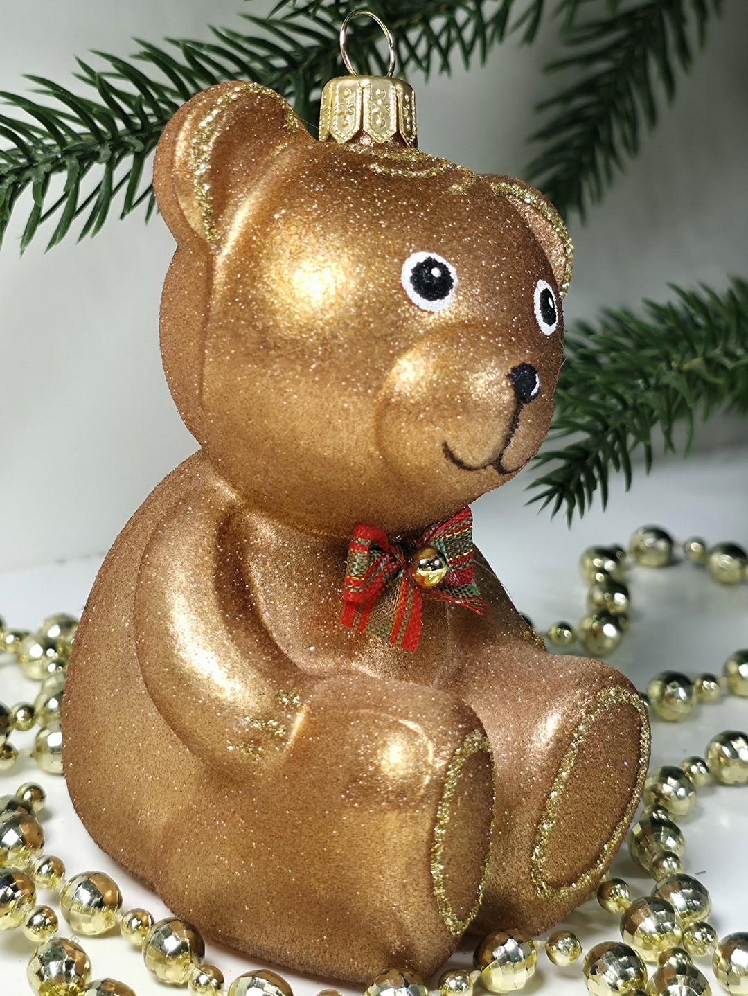 фото Стеклянная елочная игрушка Мишка с бантом