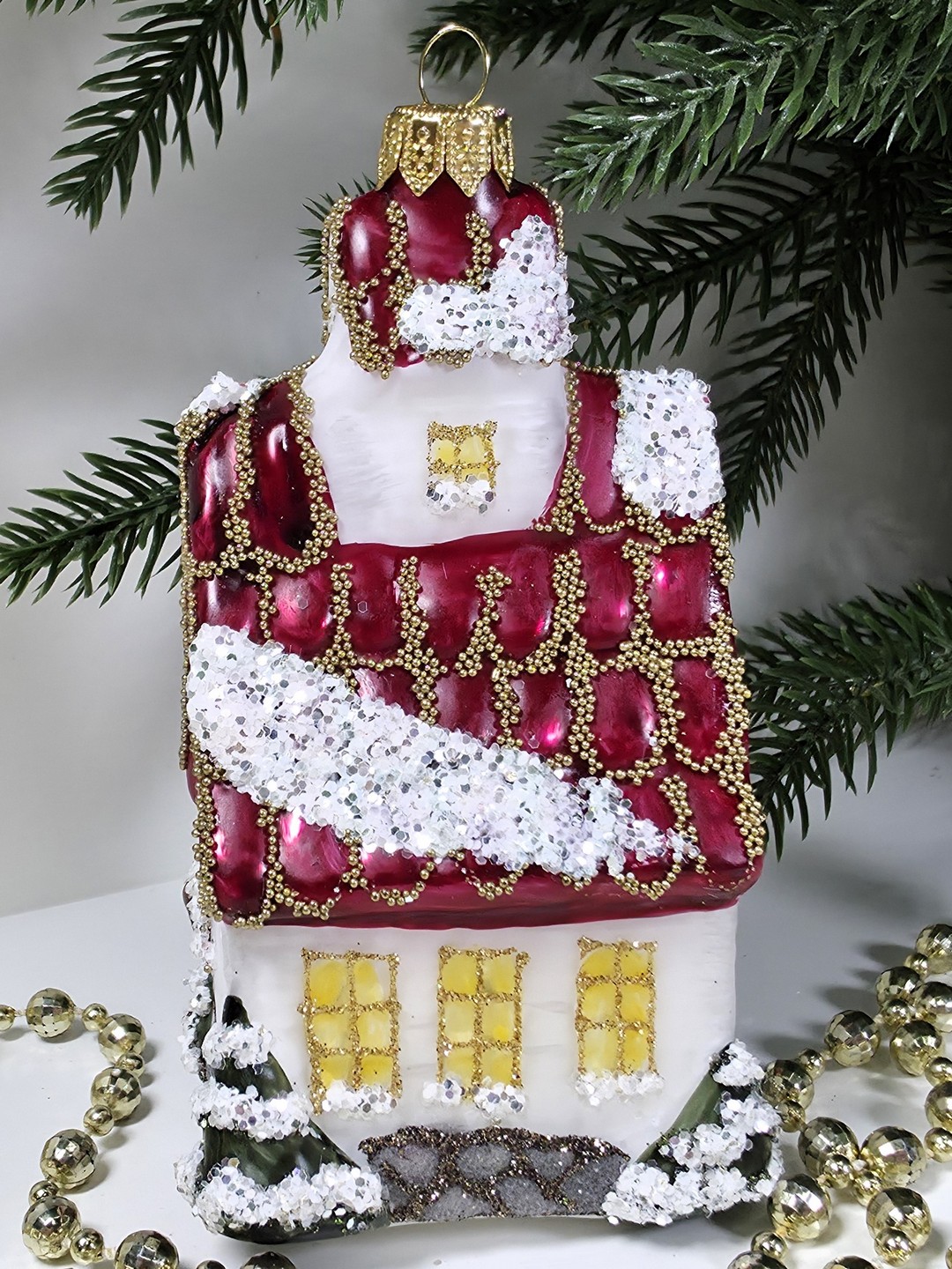 фото Стеклянная елочная игрушка Домик с острой крышей