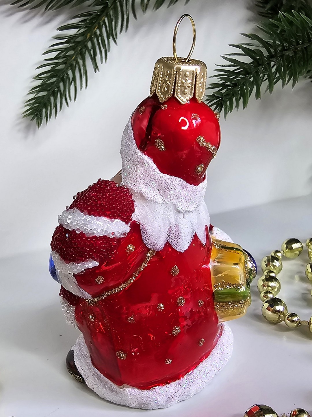 фото Стеклянная елочная игрушка Санта с посохом