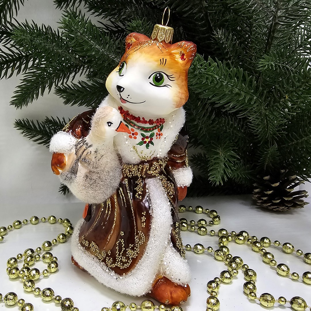 фото Стеклянная елочная игрушка Лиса с гусем