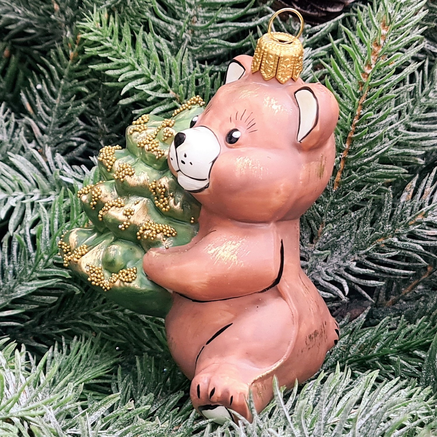 фото Стеклянная елочная игрушка Мишка с елкой винтаж