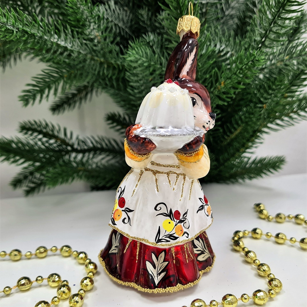 фото Стеклянная елочная игрушка Зайчиха с тортом-3