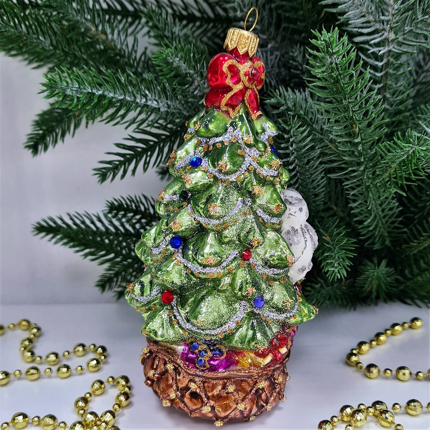 фото Стеклянная елочная игрушка Елка с совой и бантом