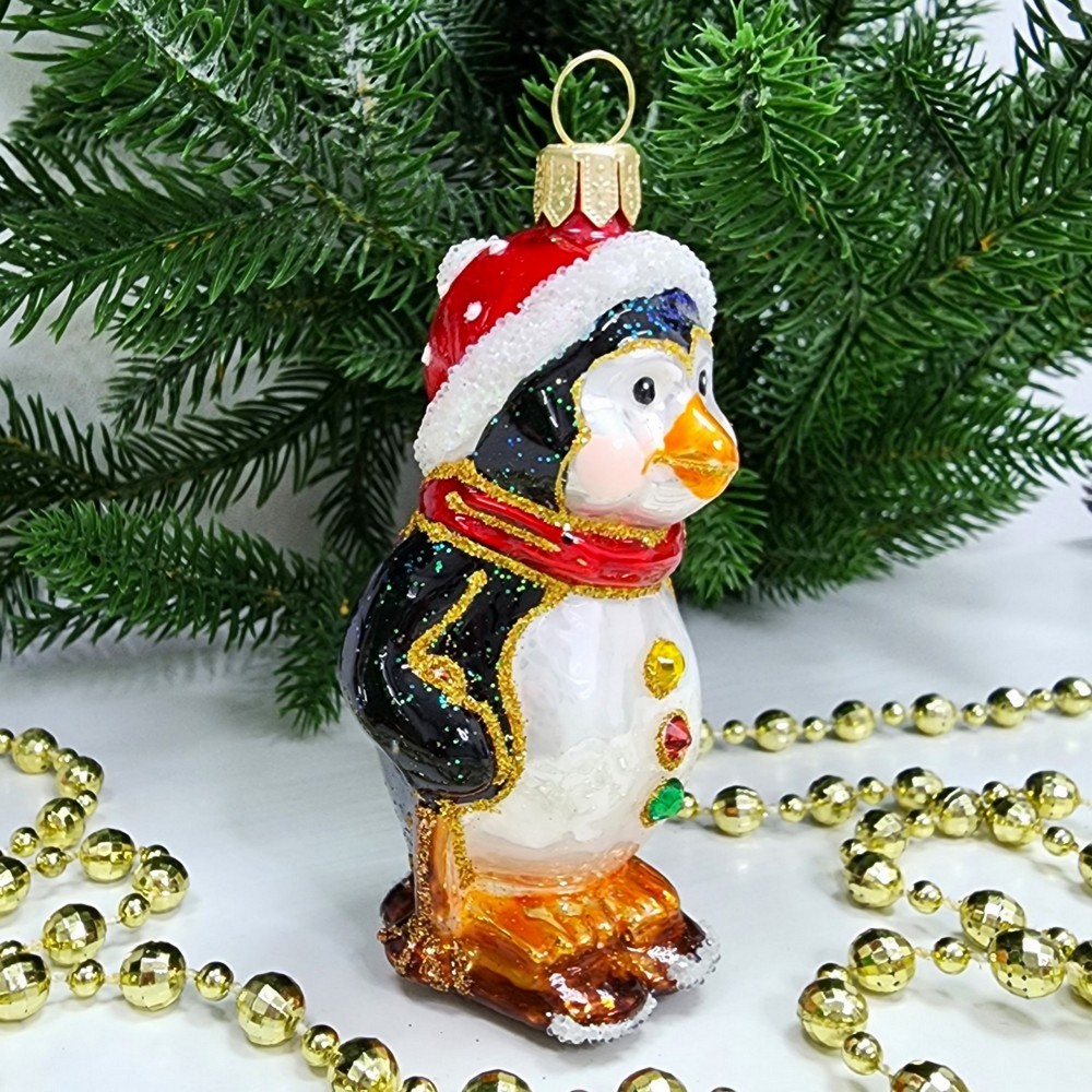 фото Стеклянная елочная игрушка Пингвин на лыжах