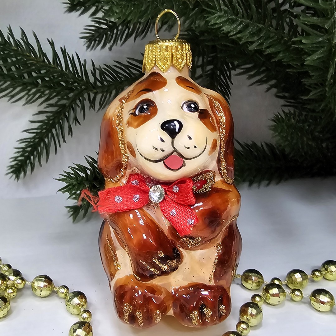 фото Стеклянная елочная игрушка Щенок рыжий