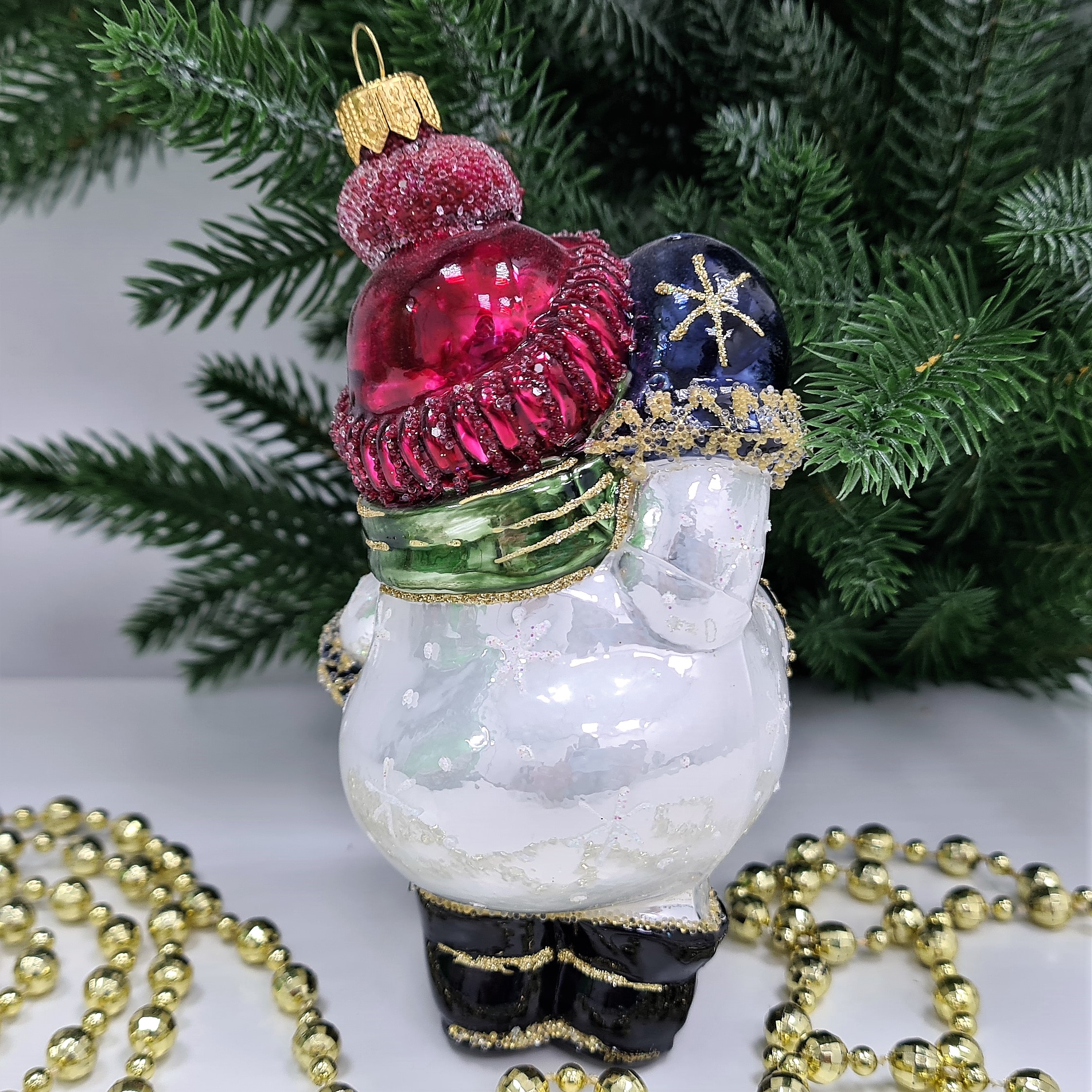 фото Стеклянная елочная игрушка Снеговик с часиками