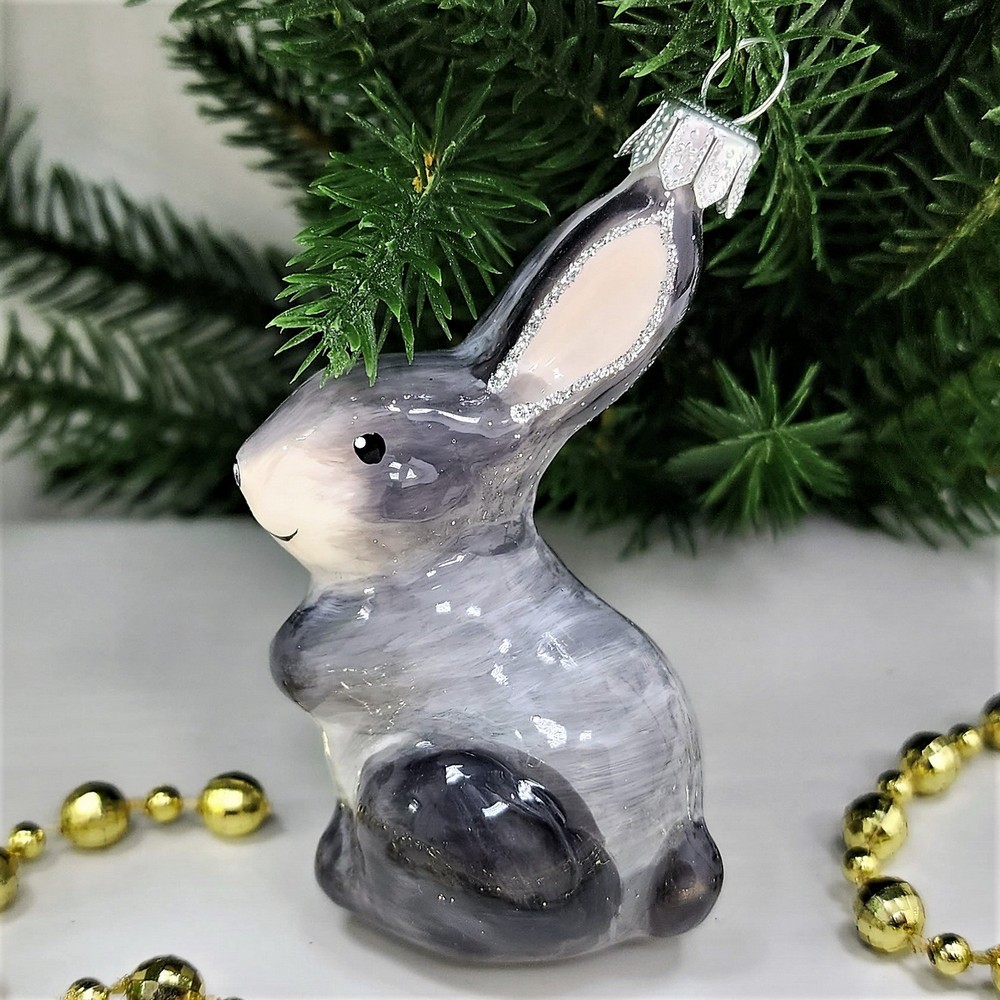 фото Стеклянная елочная игрушка Зайка серенький