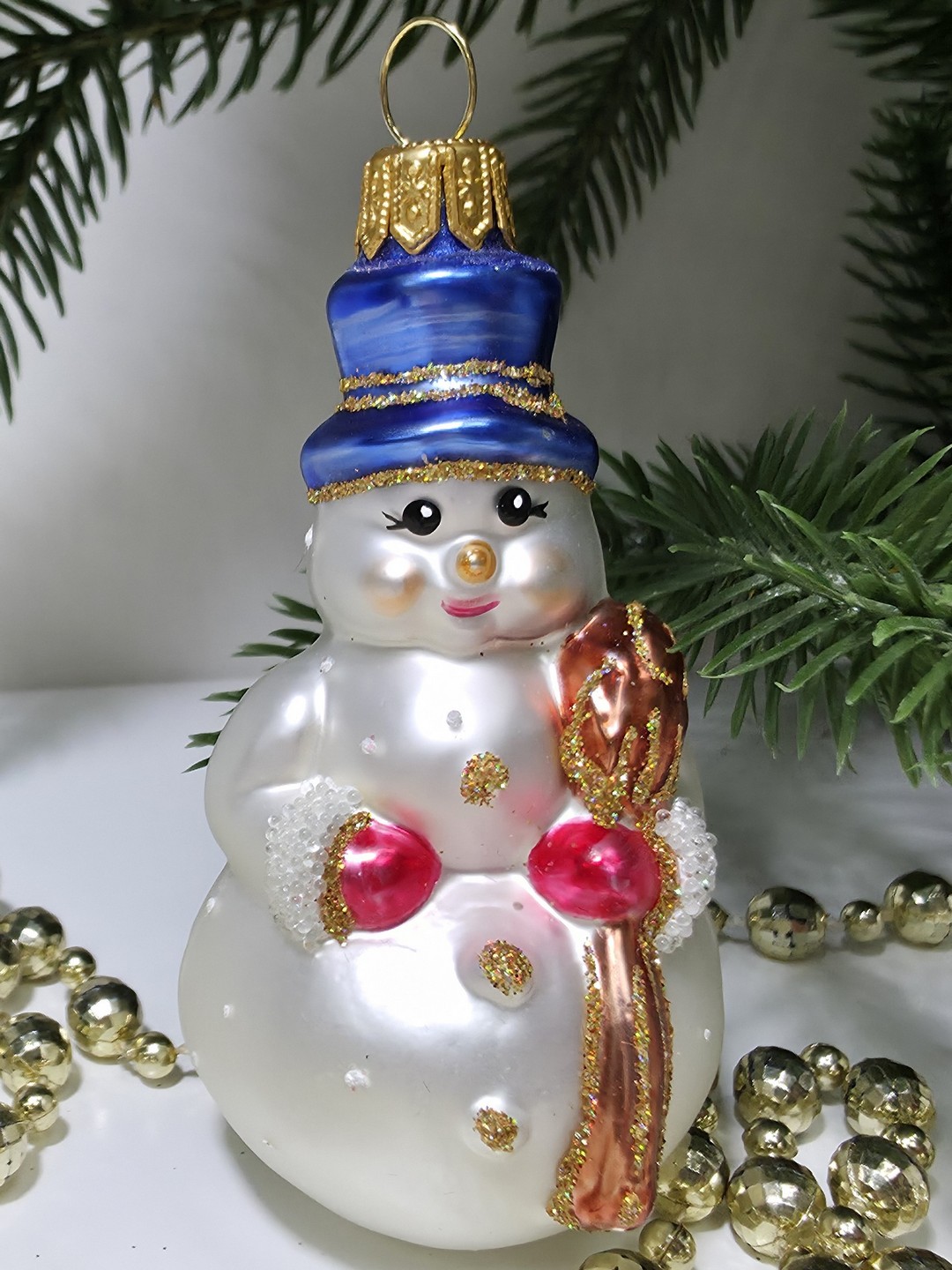 фото Стеклянная елочная игрушка Снеговик