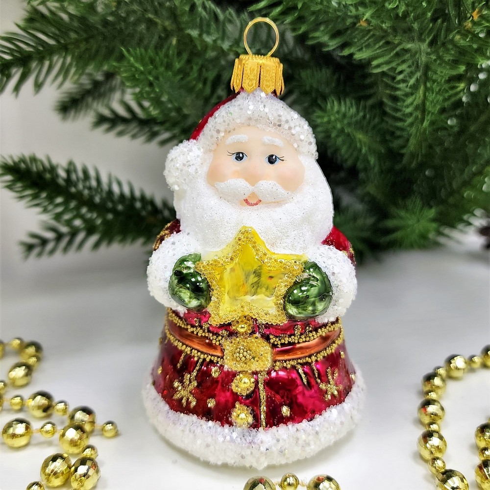 фото Стеклянная елочная игрушка Дед Мороз колокольчик