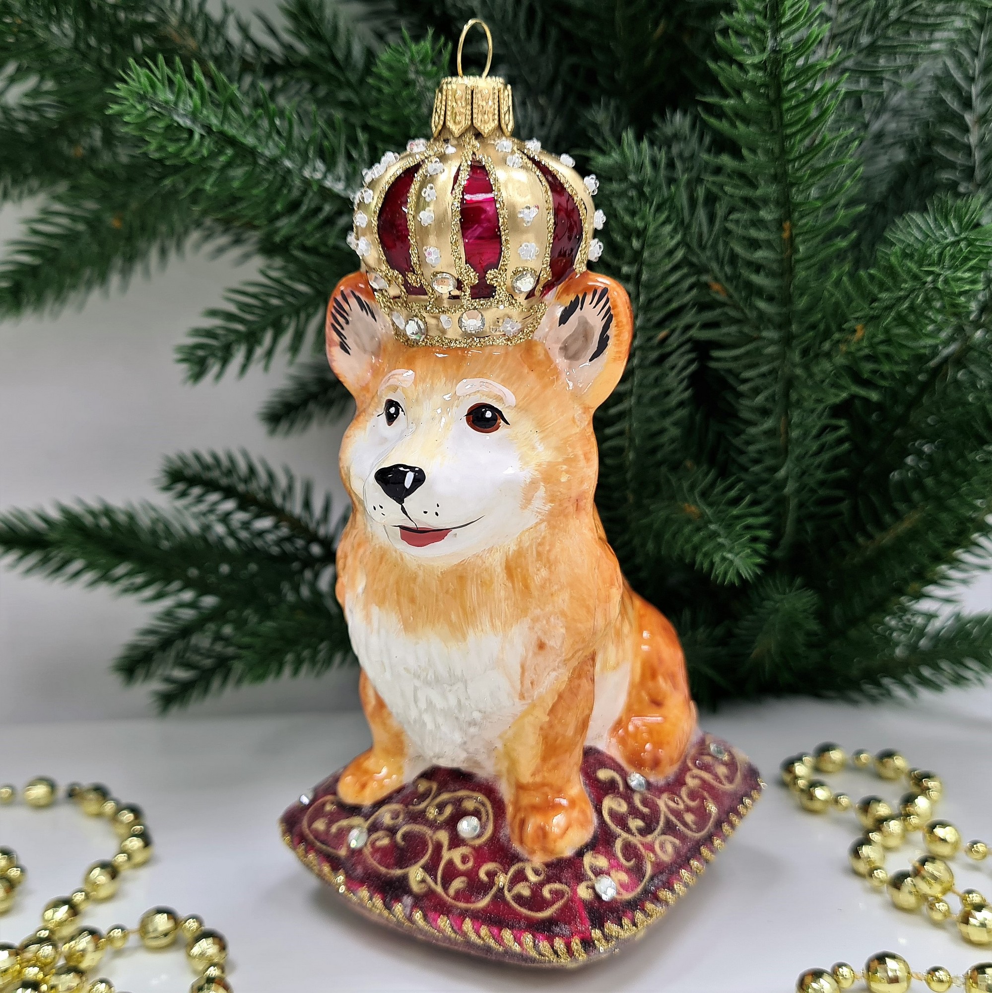 фото Стеклянная елочная игрушка Корги в короне