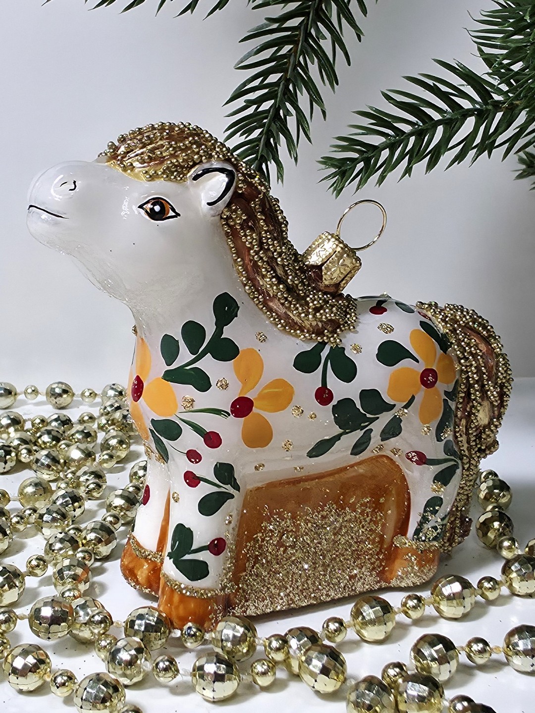 фото Стеклянная елочная игрушка Лошадка расписная