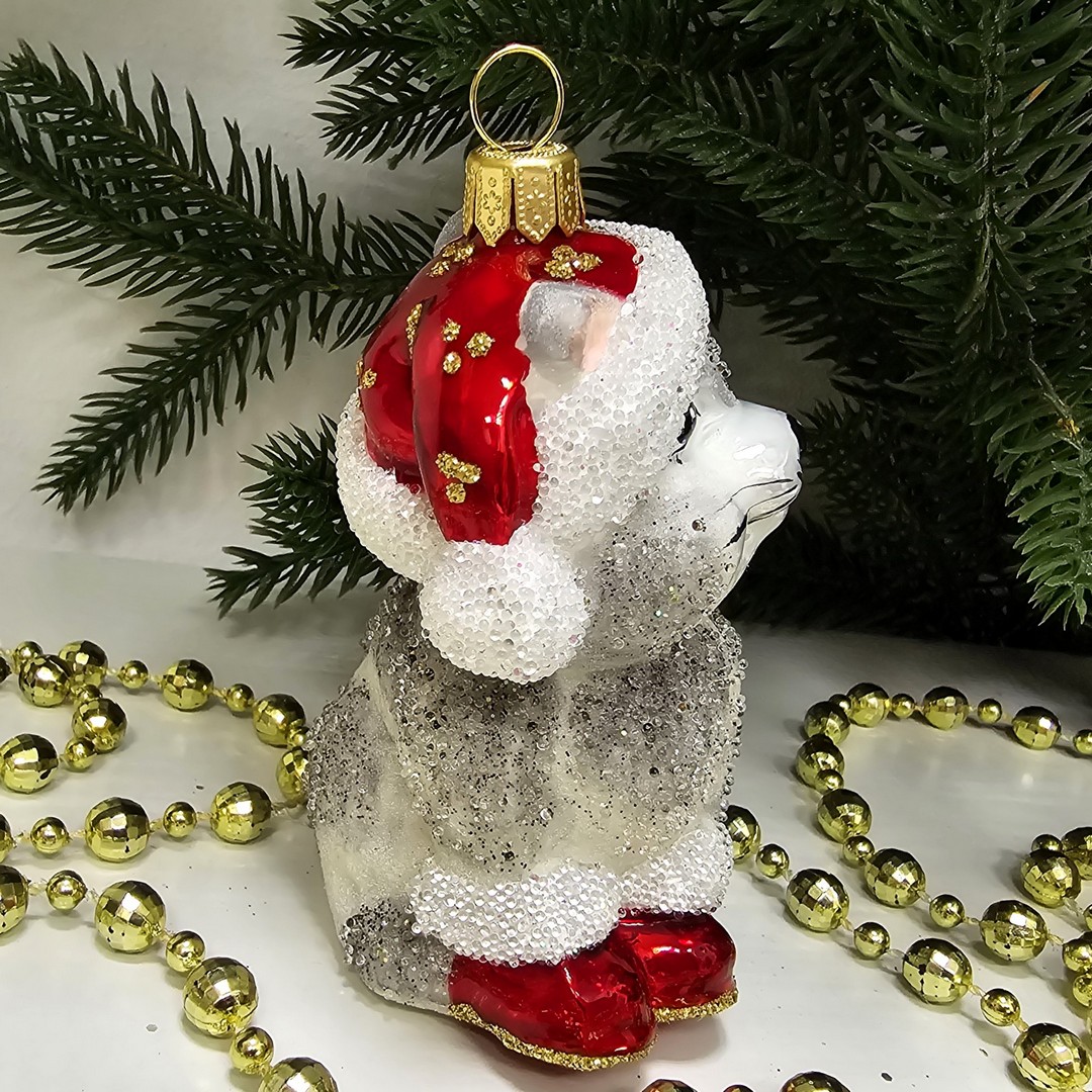 фото Стеклянная елочная игрушка Котенок санта