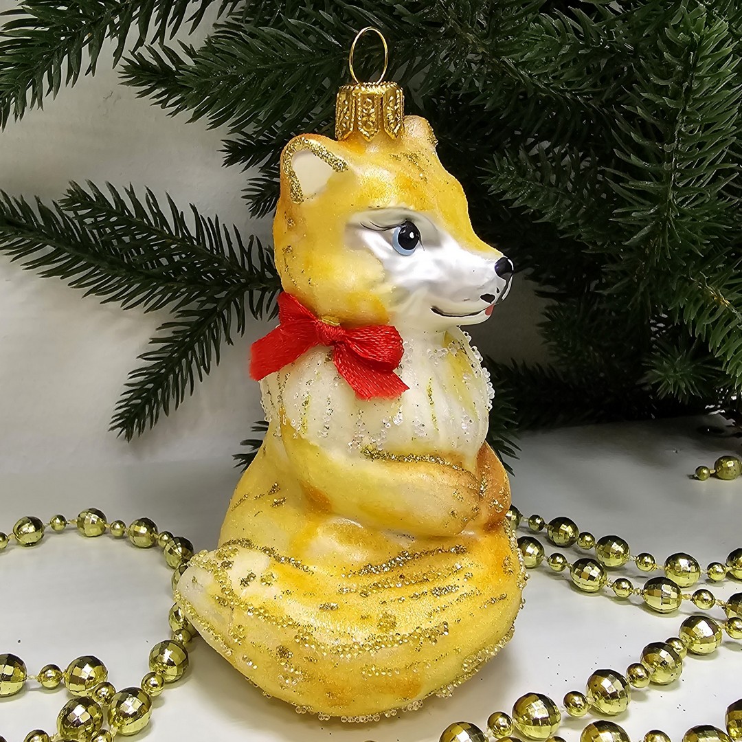 фото Стеклянная елочная игрушка Лисичка на хвостике сахар