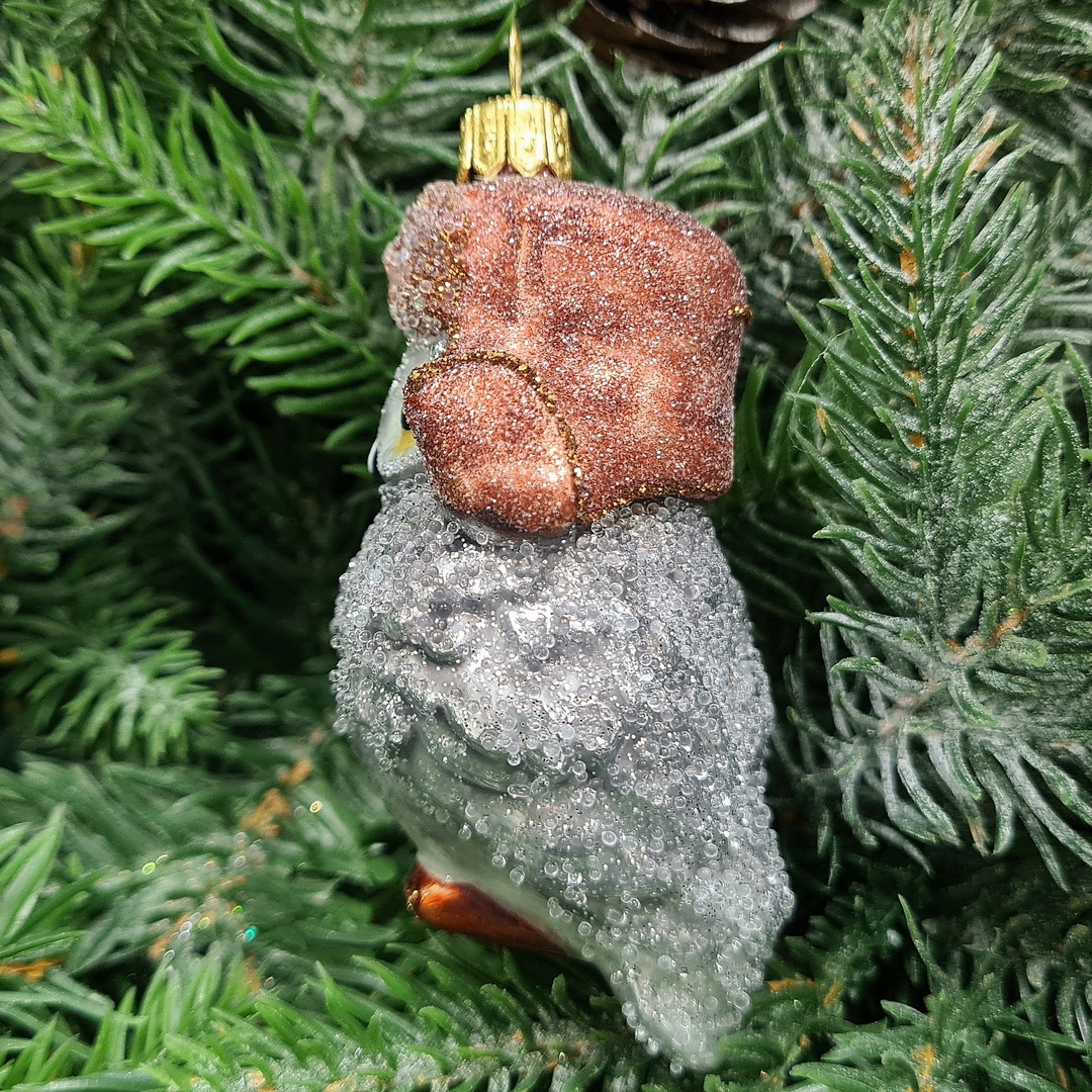 фото Стеклянная елочная игрушка Сова в ушанке-1