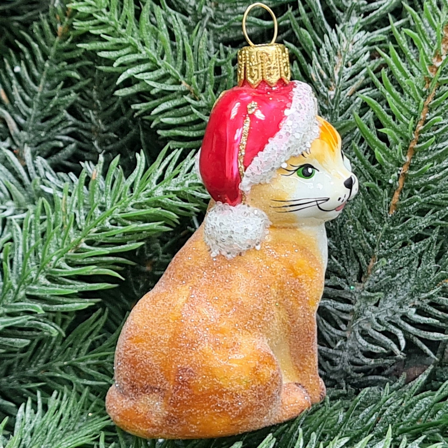 фото Стеклянная елочная игрушка Котик в шапке рыжий