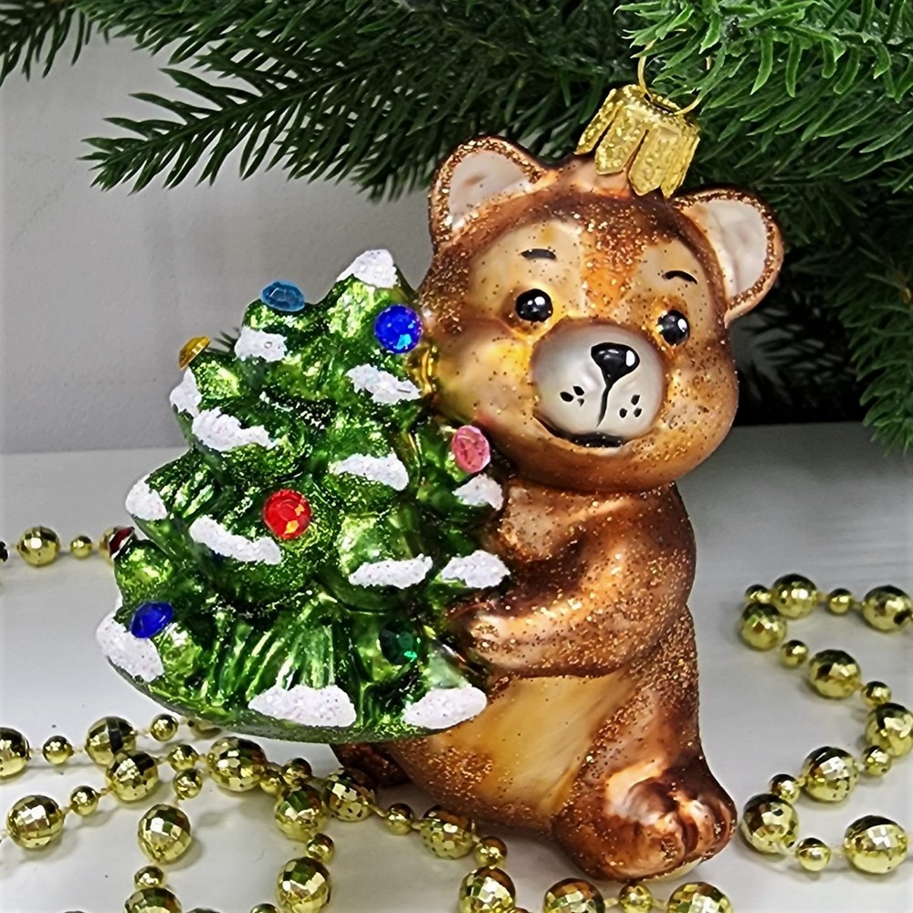 фото Стеклянная елочная игрушка Мишка с елкой