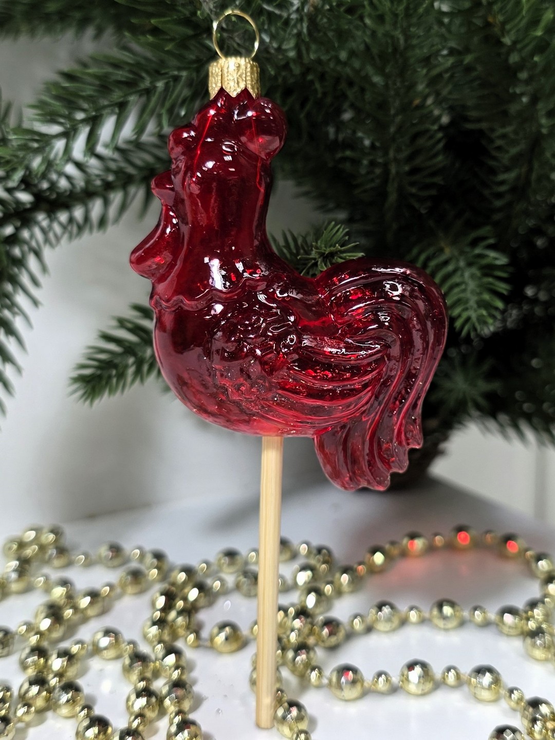 фото Стеклянная елочная игрушка Петушок на палочке