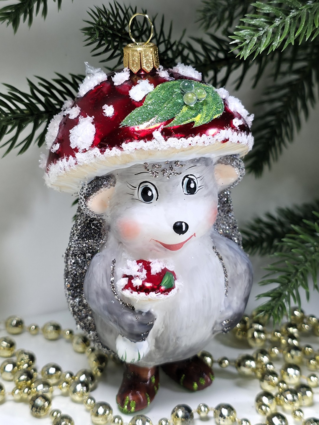 фото Стеклянная елочная игрушка Ежик грибок мухомор