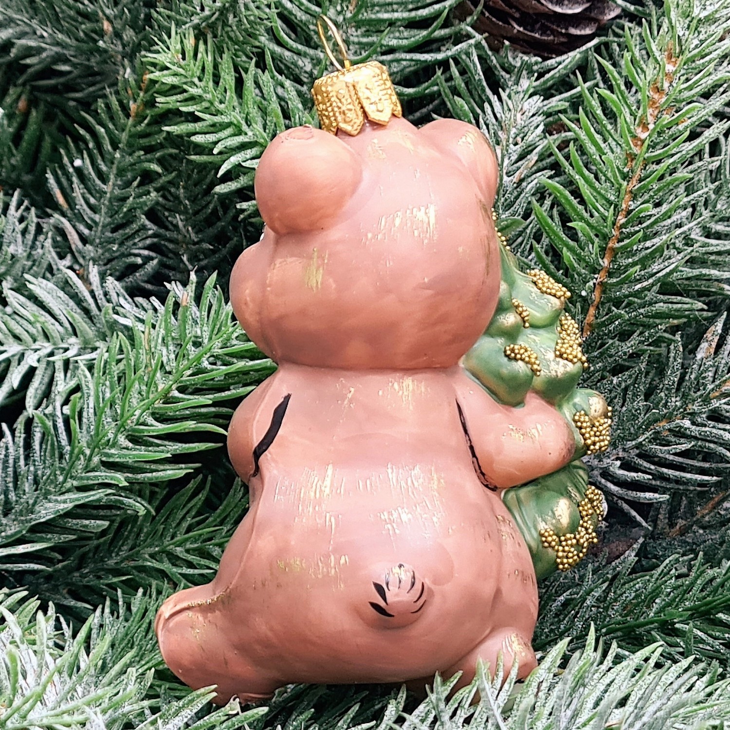 фото Стеклянная елочная игрушка Мишка с елкой винтаж