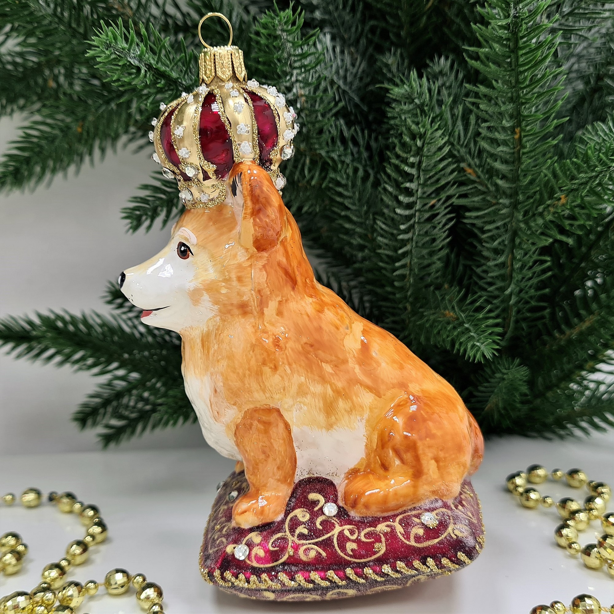 фото Стеклянная елочная игрушка Корги в короне