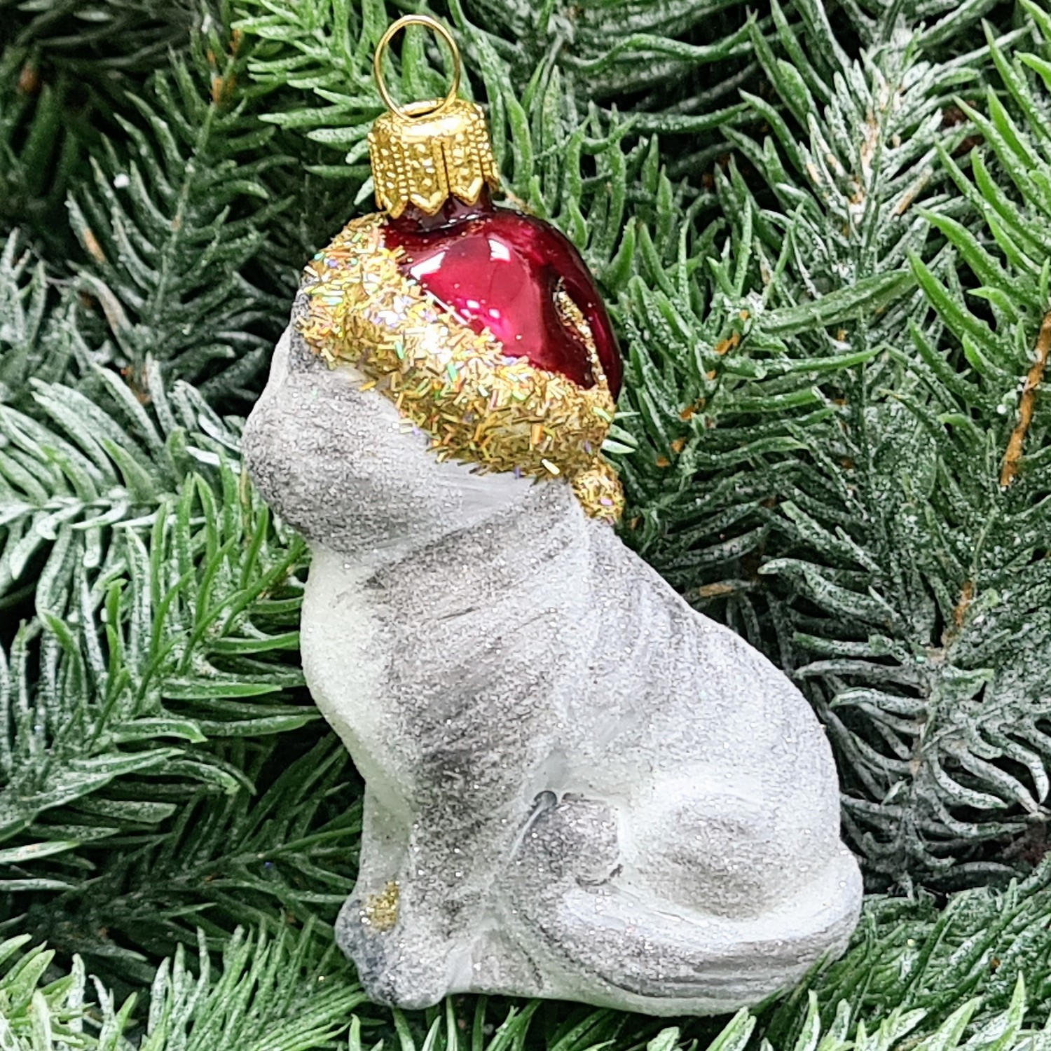 фото Стеклянная елочная игрушка Котик в шапке серый