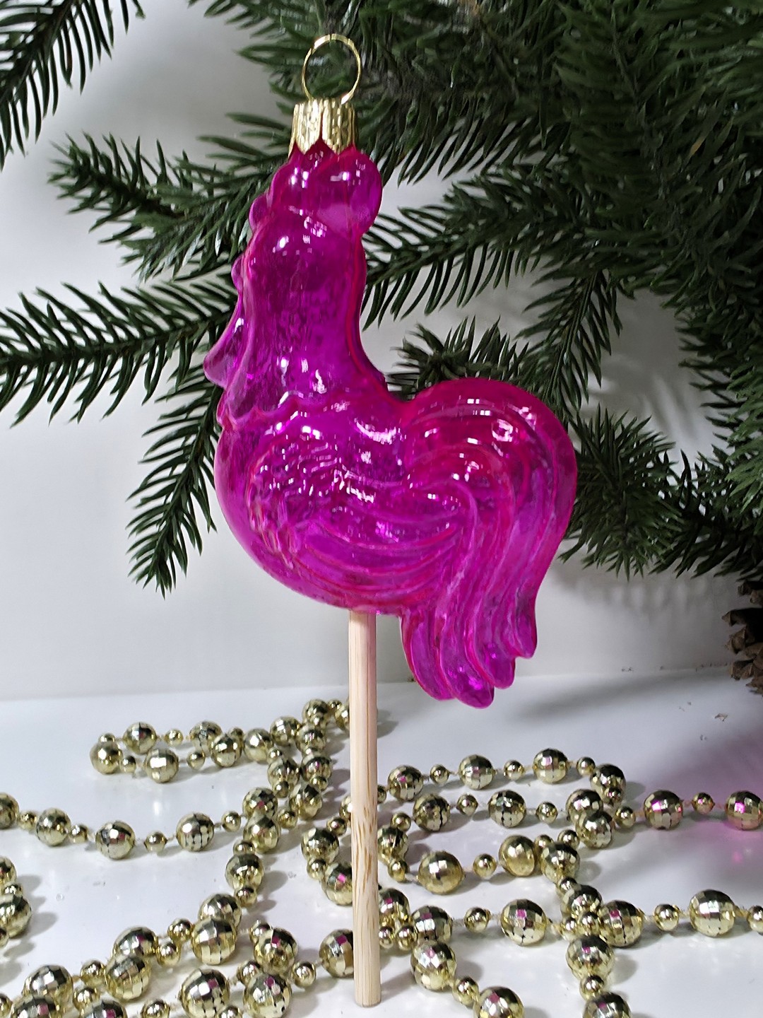 фото Стеклянная елочная игрушка Петушок на палочке