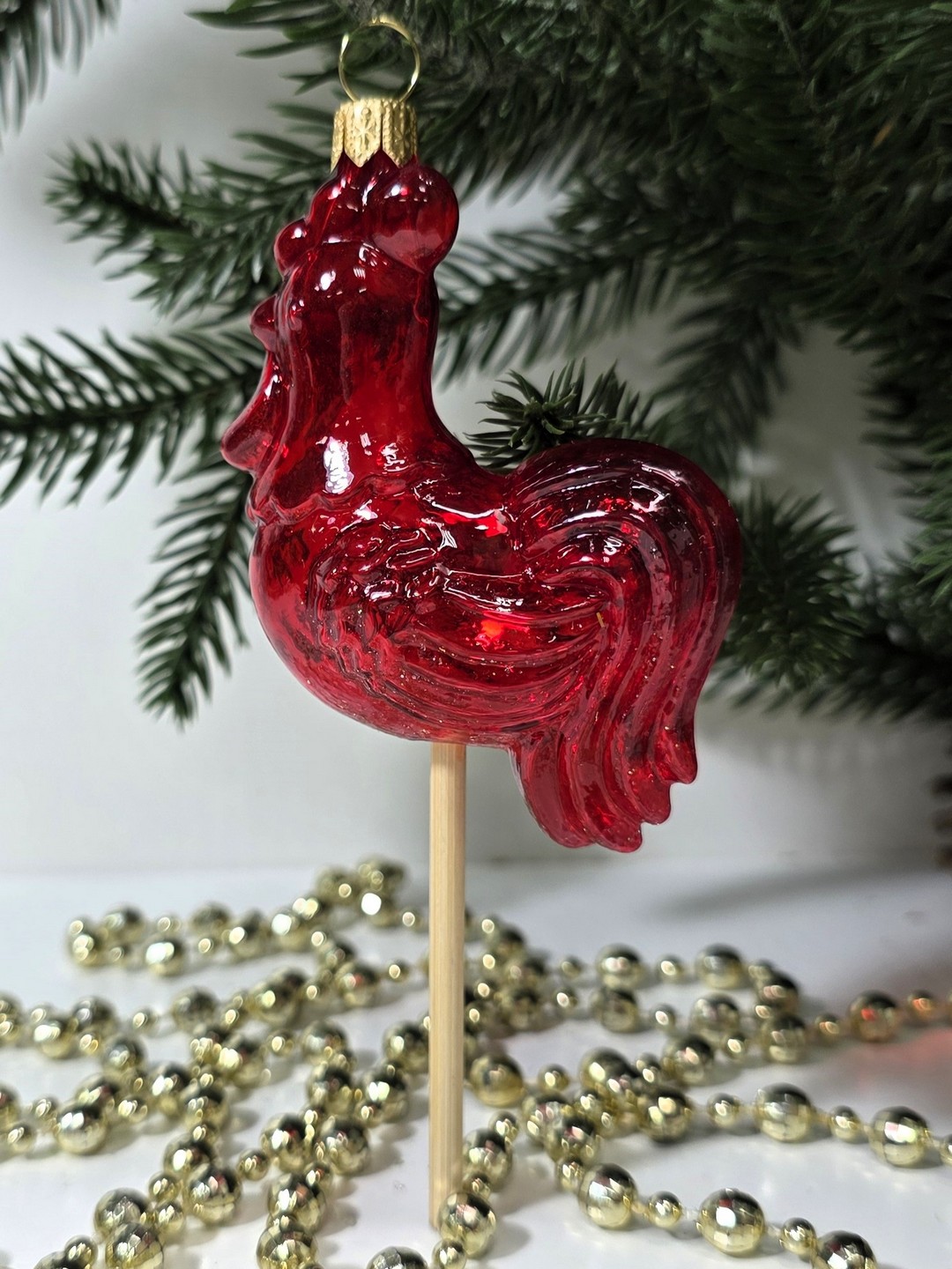 фото Стеклянная елочная игрушка Петушок на палочке