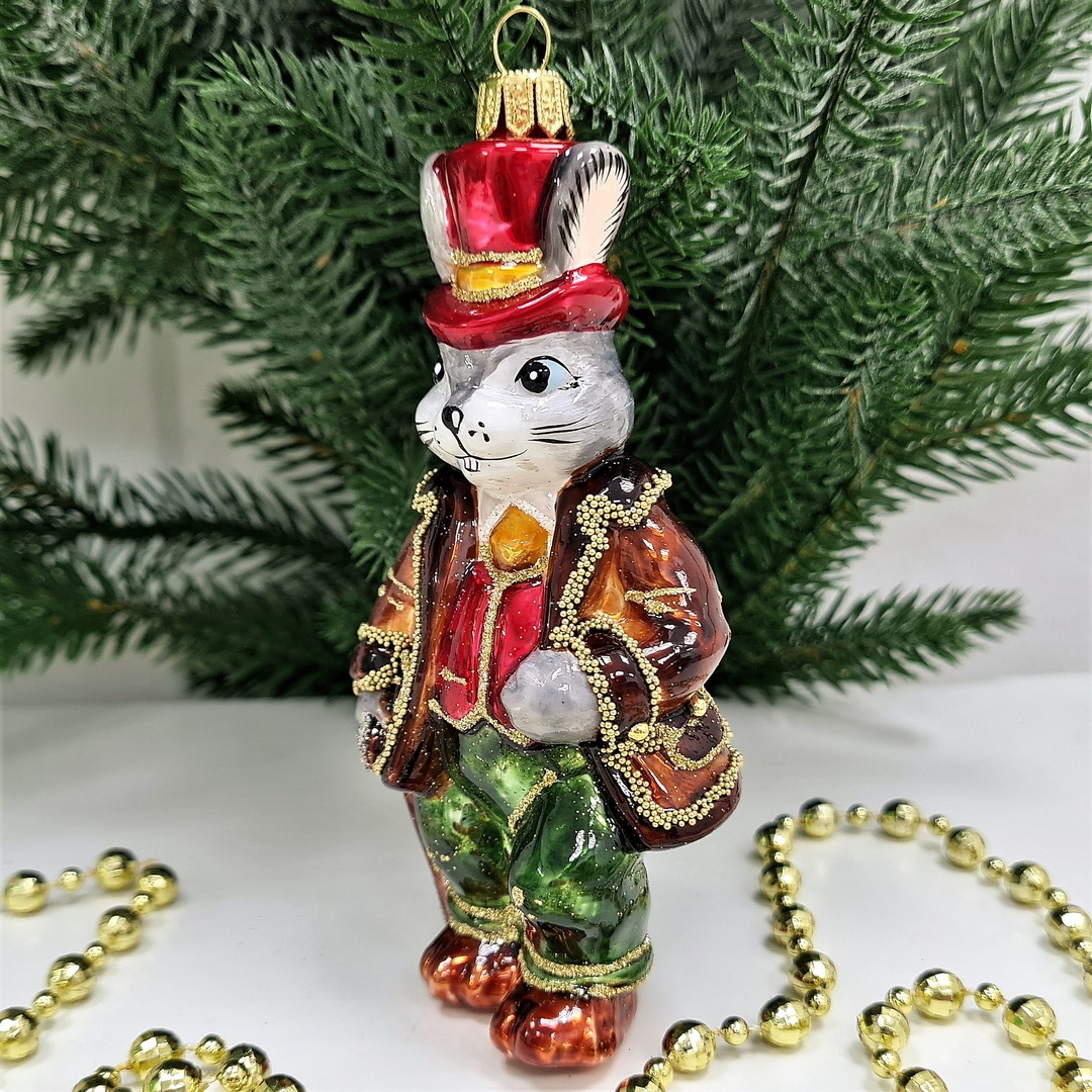 фото Стеклянная елочная игрушка Заяц джентельмен-1