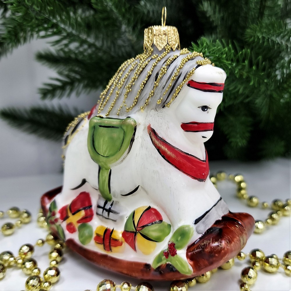 фото Стеклянная елочная игрушка Лошадка-качалка винтаж