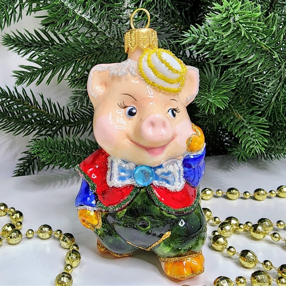 фото Стеклянная елочная игрушка Поросенок в шляпке
