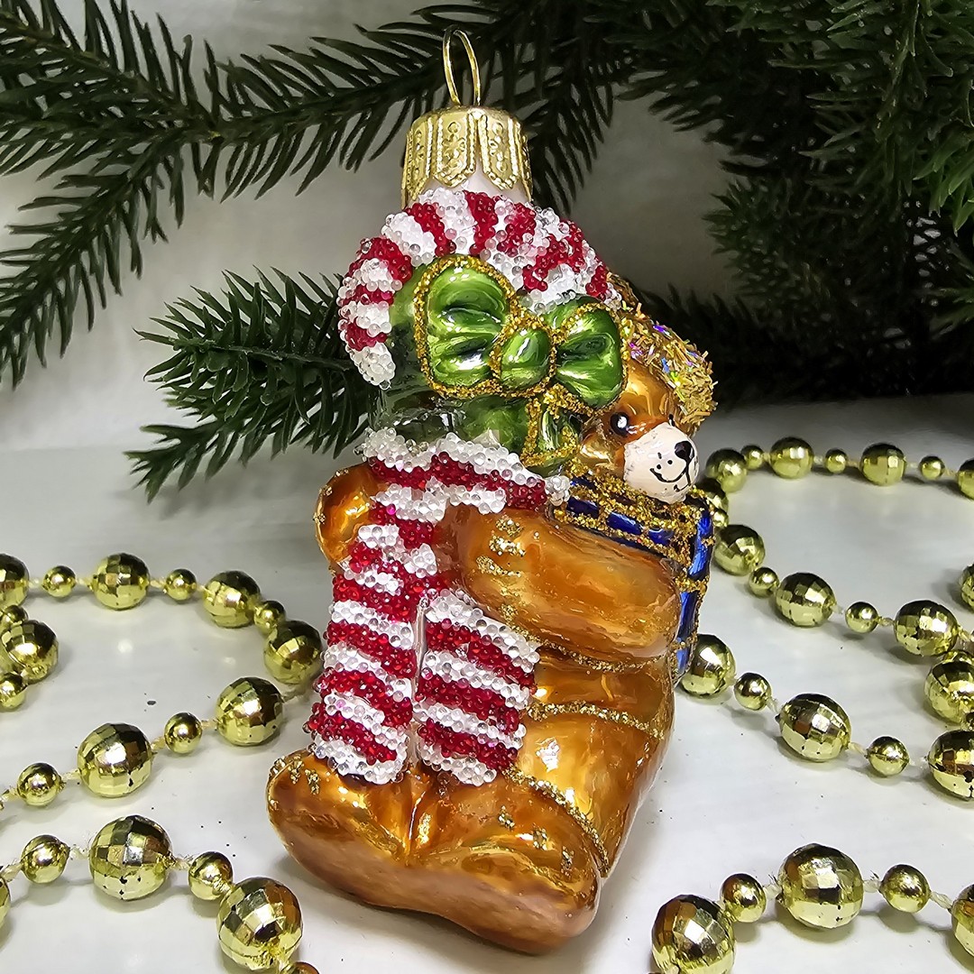 фото Стеклянная елочная игрушка Мишка с сахарной палочкой