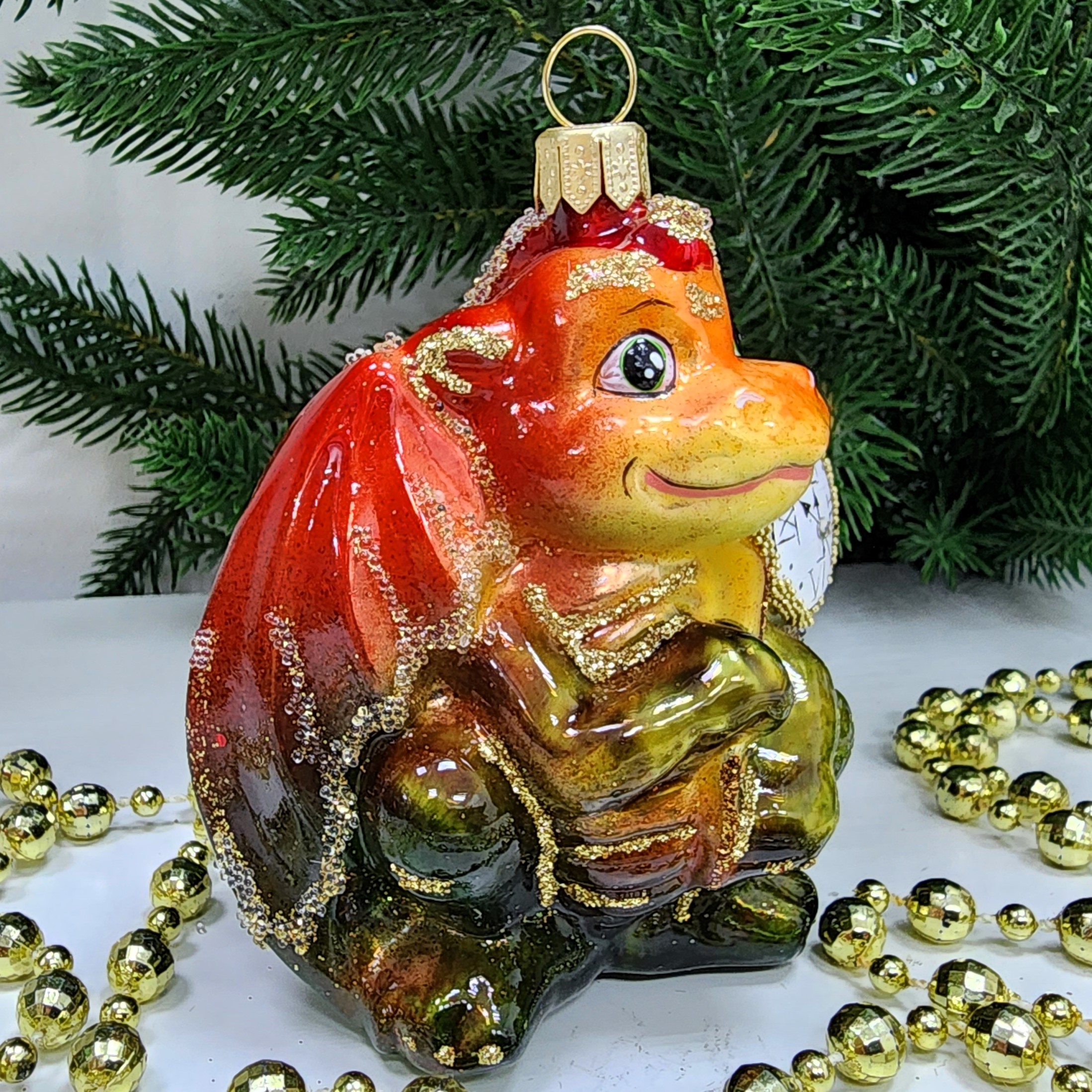 фото Стеклянная елочная игрушка Дракончик с часиками