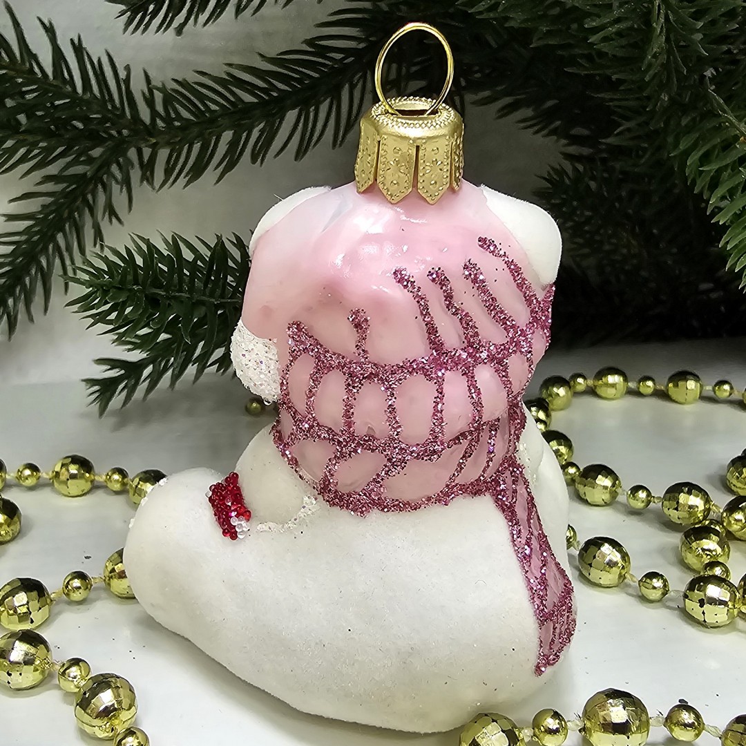 фото Стеклянная елочная игрушка Мишка беби флок