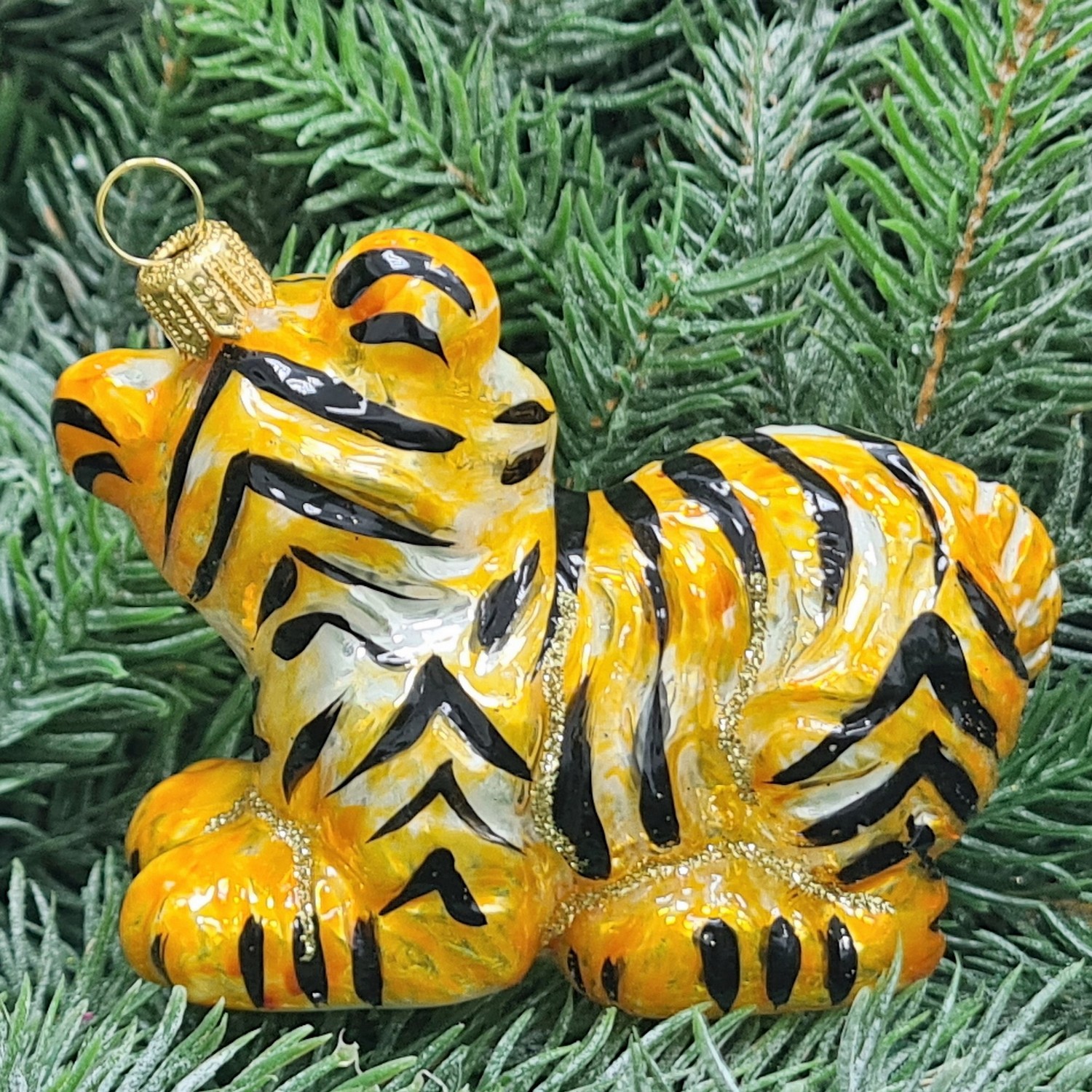 фото Стеклянная елочная игрушка Тигренок играет