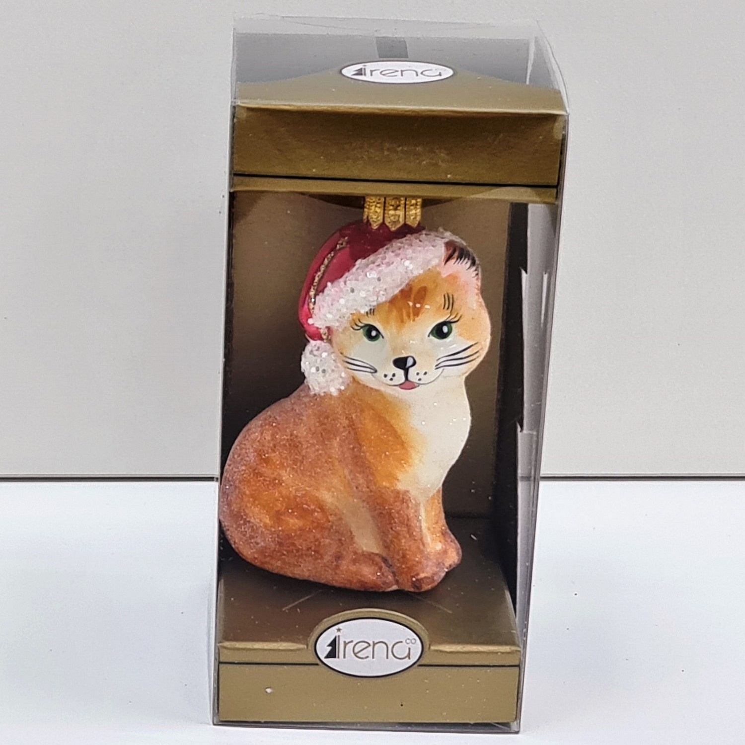 фото Стеклянная елочная игрушка Котик в шапке рыжий