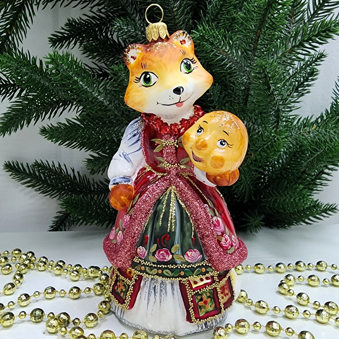 фото Стеклянная елочная игрушка Лиса с колобком