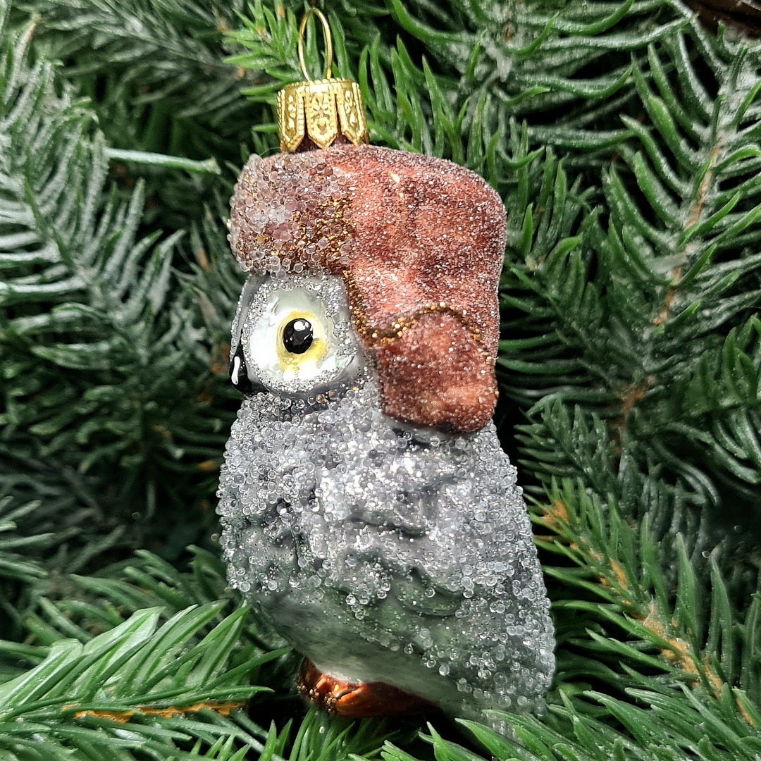 фото Стеклянная елочная игрушка Сова в ушанке-1